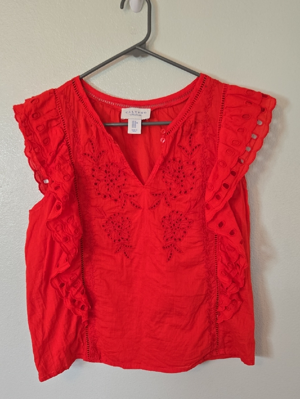 Calypso St. Barths | Red Eyelet Embroidered Ruffle V Neck Tank Size Medium